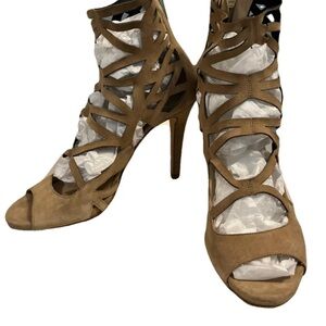 Jimmy Choo Verdict Tan Strappy Suede Heels 7 1/2